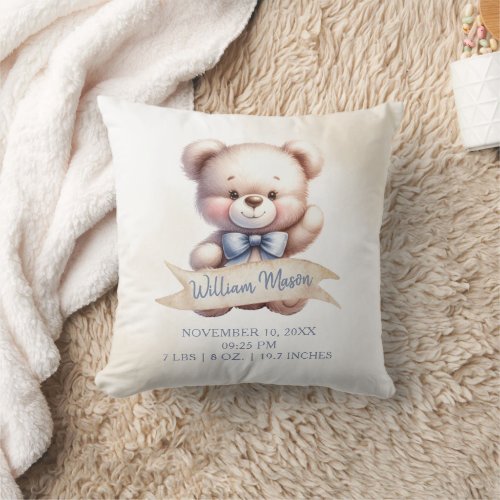 Cute Teddy Bear Baby Shower Birth Stats Watercolor Throw Pillow