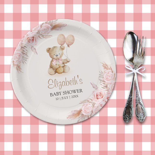 Cute Teddy Bear Baby Shower Girl Paper Plates (Creator Uploaded)