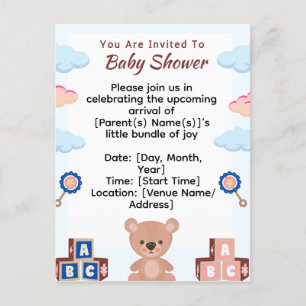 Cute Teddy Bear Baby Shower Invitation Postcard