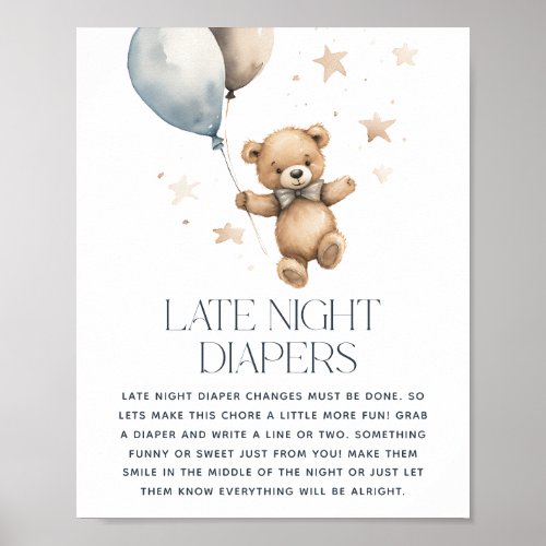 Cute Teddy Bear Baby Shower Late Night Diaper Poster