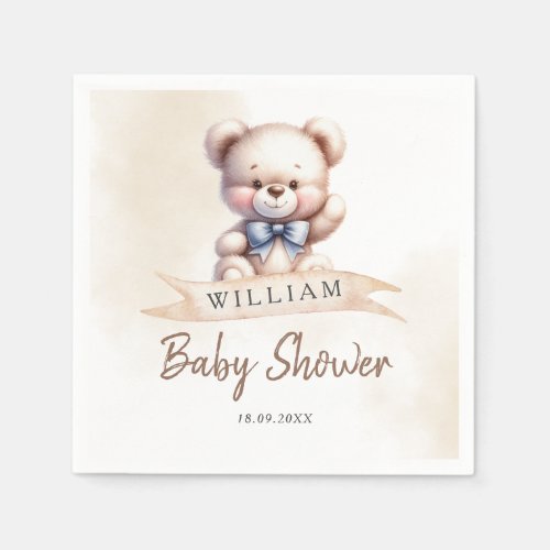 Cute Teddy Bear Baby Shower Watercolor Custom Napkins