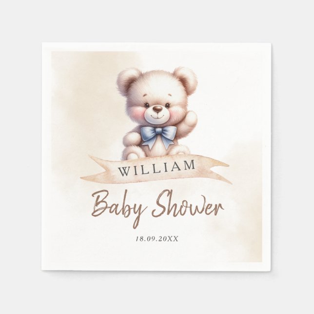 Cute Teddy Bear Baby Shower Watercolor Custom Napkins (Front)