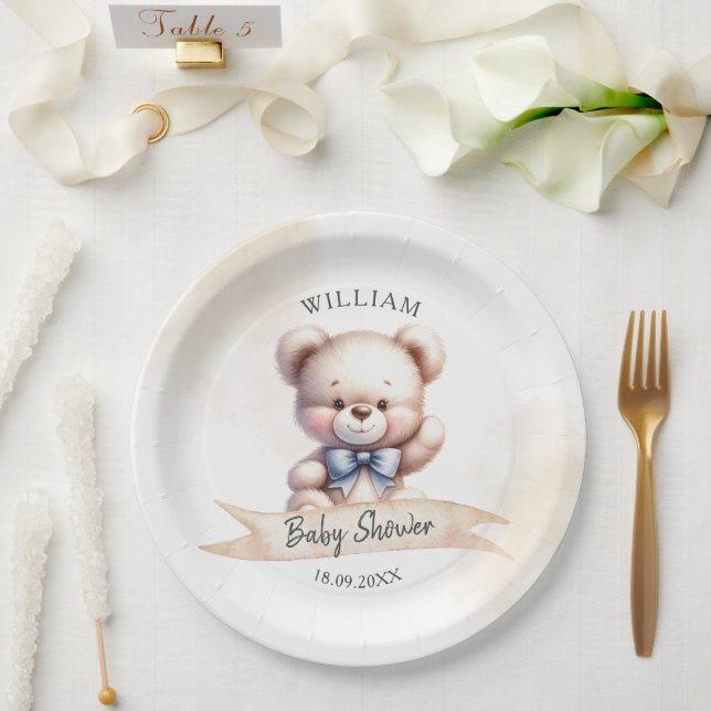 Cute Teddy Bear Baby Shower Watercolor Elegant Paper Plates (Wedding)