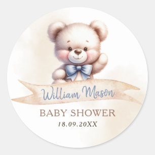 Cute Teddy Bear Baby Shower Watercolor Modern Classic Round Sticker