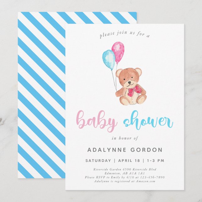 Cute Teddy Bear Baby Shower Watercolor Sweet Invitation (Front/Back)