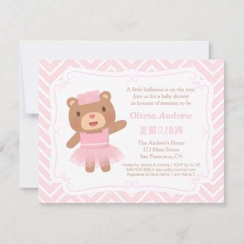 Cute Teddy Bear Ballerina Baby Shower Invitations