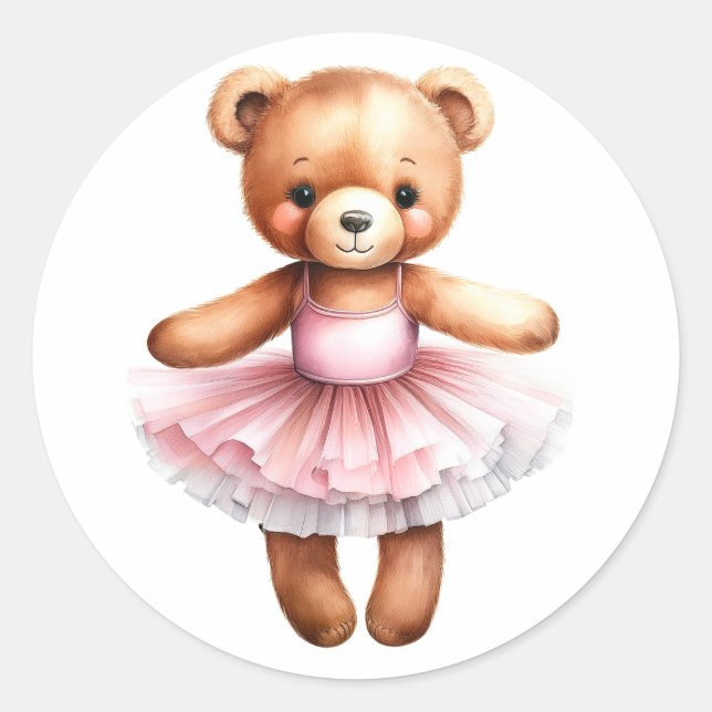 Cute teddy bear ballerina dancing ballet classic round sticker (Front)