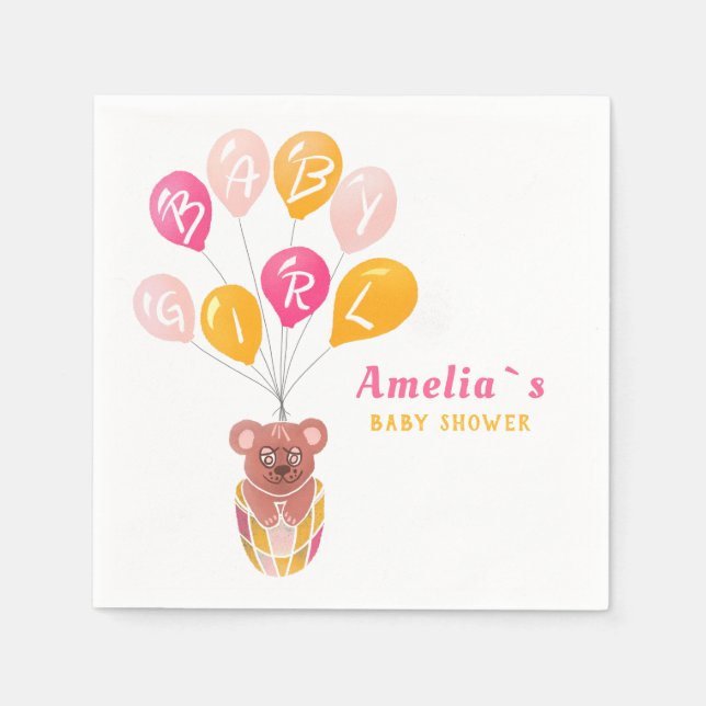 Cute Teddy Bear Balloon Baby Girl Baby Shower Napkins (Front)