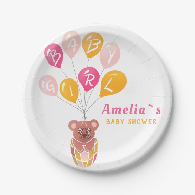 Cute Teddy Bear Balloon Baby Girl Baby Shower Paper Plates (Front)