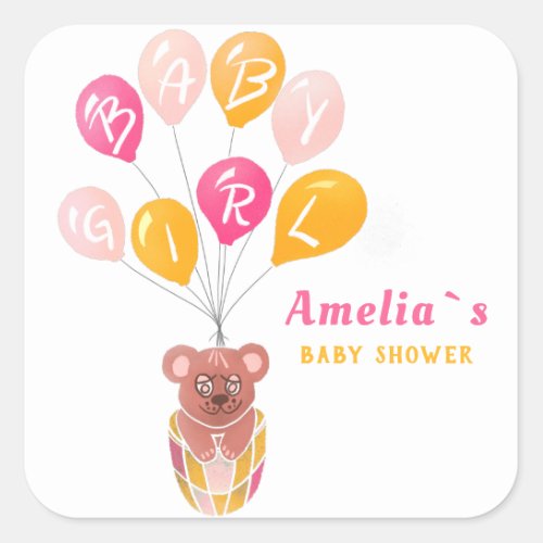 Cute Teddy Bear Balloon Baby Girl Baby Shower Square Sticker
