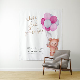 Cute Teddy Bear Balloon Baby Shower Welcome Sign Tapestry