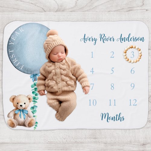 Cute Teddy Bear  Balloon Blue Monthly Milestone  Baby Blanket