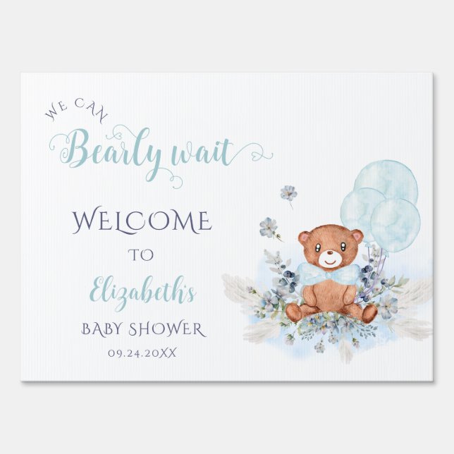 Cute Teddy Bear Balloon Boy Baby Shower Welcome Sign (Front)