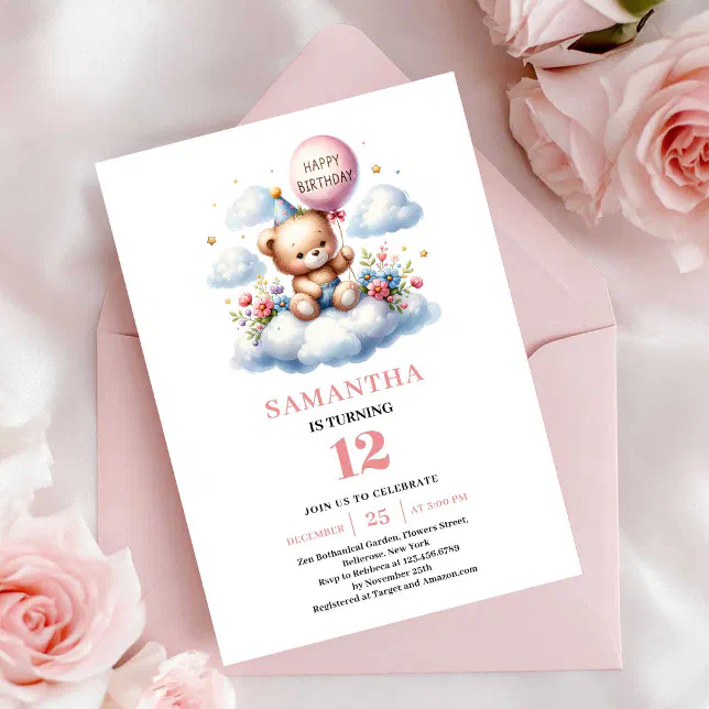 Cute teddy bear balloon design girl birthday invitation | Zazzle