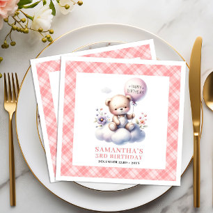 Cute Teddy Bear Balloon Floral Fun girl birthday  Paper Dinner Napkins