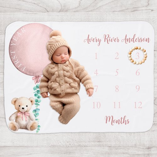 Cute Teddy Bear  Balloon Pink Monthly Milestone  Baby Blanket