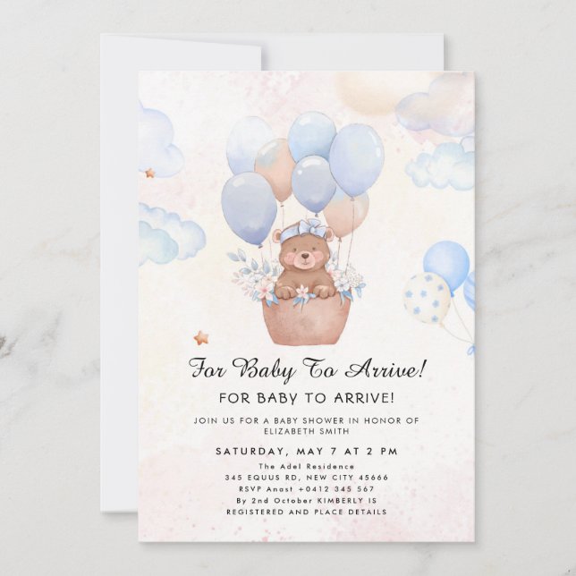 Cute Teddy Bear Balloon Theme Invitation (Front)