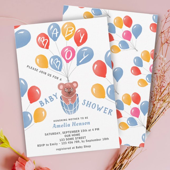 Cute Teddy Bear Balloons Baby Boy Baby Shower  Invitation (Creator Uploaded)
