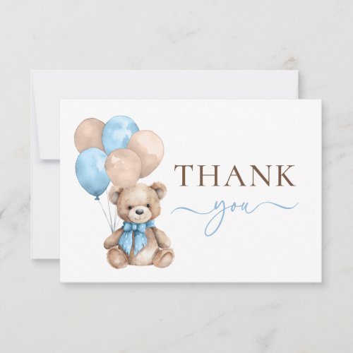 Cute Teddy Bear Balloons  Blue Boy Baby Shower Thank You Card