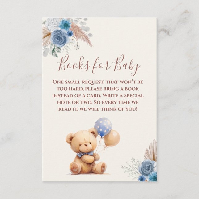 Cute Teddy Bear Balloons Boho Blue Books for Baby Enclosure Card (Front)