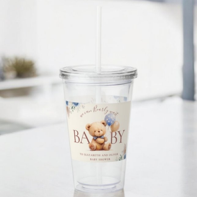 Cute Teddy Bear Balloons Boho Blue Rose Floral Acrylic Tumbler (Creator Uploaded)