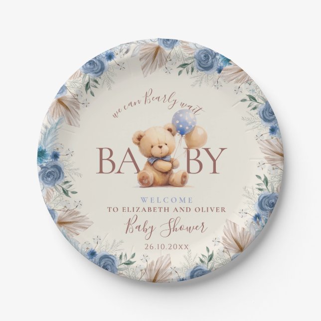 Cute Teddy Bear Balloons Boho Blue Rose Flower Paper Plates (Front)