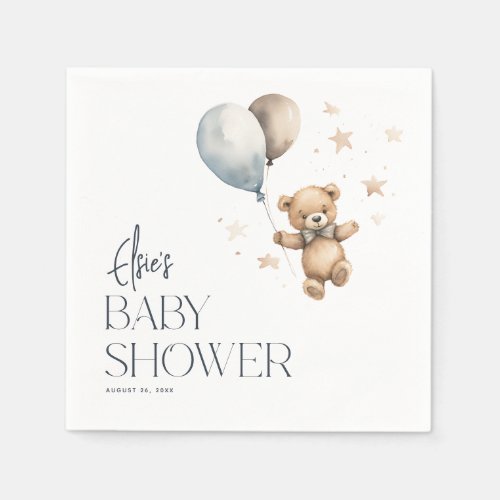 Cute Teddy Bear  Balloons Boy Baby Shower Napkins