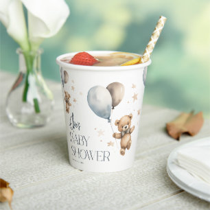 Cute Teddy Bear & Balloons Boy Baby Shower Paper Cups