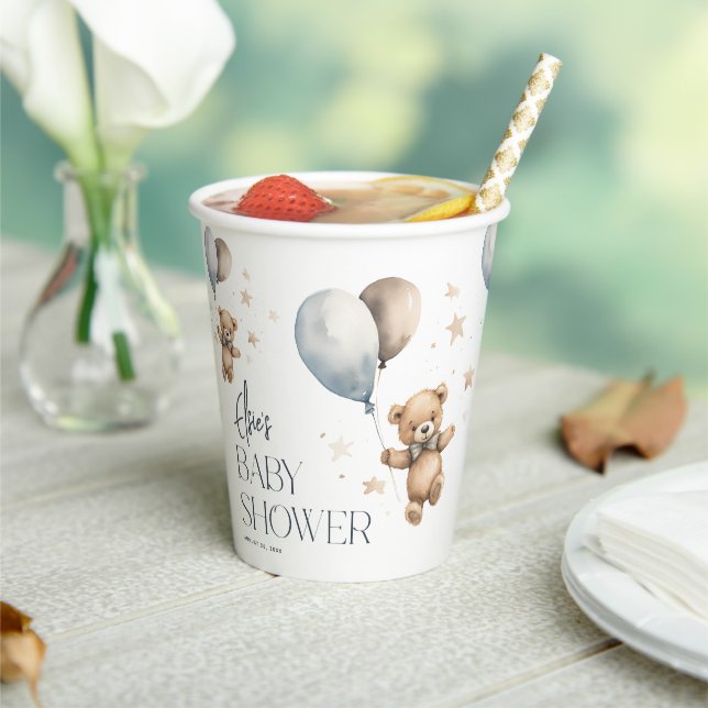 Cute Teddy Bear & Balloons Boy Baby Shower Paper Cups (Insitu)