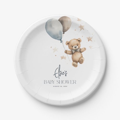 Cute Teddy Bear  Balloons Boy Baby Shower Paper Plates