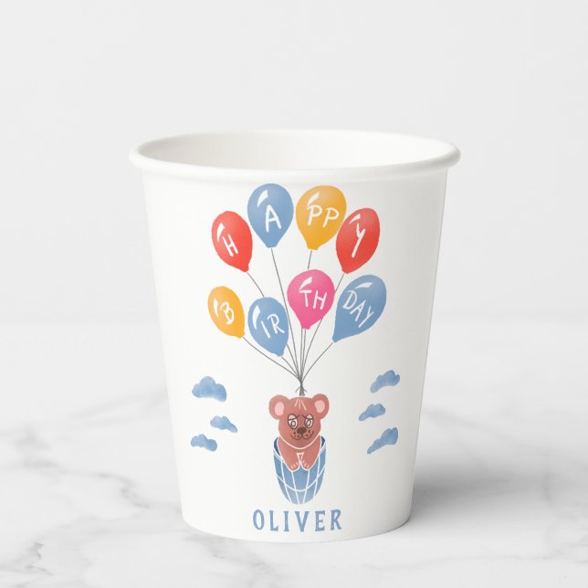 Cute Teddy Bear Balloons Boy Birthday Party Paper Cups (Back)