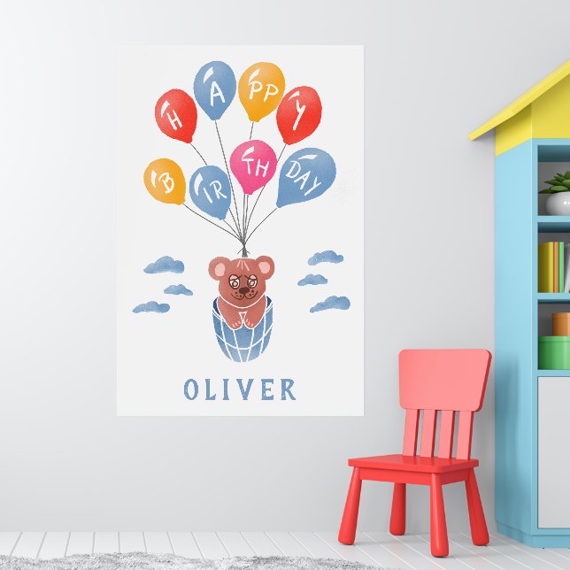 Cute Teddy Bear Balloons Boy Birthday Party Poster (Nursery 1)