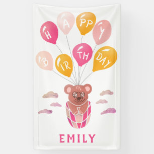 Cute Teddy Bear Balloons Girl Birthday Party Banner