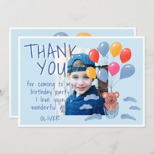 Cute Teddy Bear Balloons Kids Birthday Photo Thank You Card