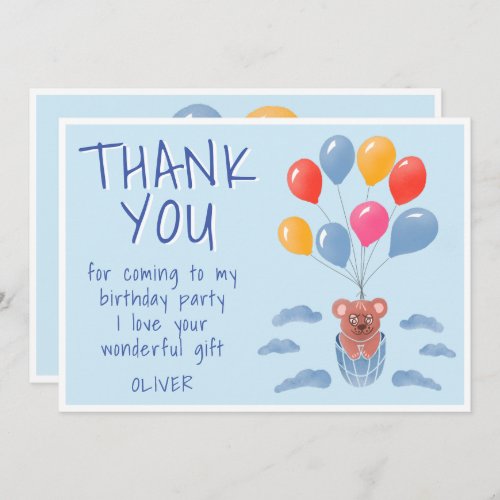 Cute Teddy Bear Balloons Kids Birthday Thank You Card