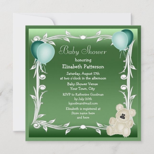 Cute Teddy Bear & Balloons Neutral Baby Shower Invitation (Front)