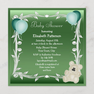 Cute Teddy Bear & Balloons Neutral Baby Shower Invitation
