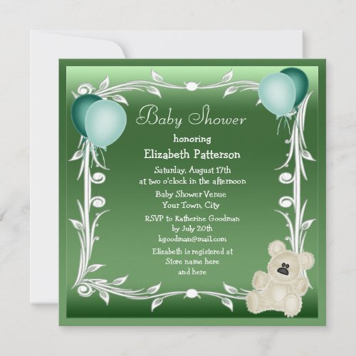 Cute Teddy Bear &amp; Balloons Neutral Baby Shower Announcements