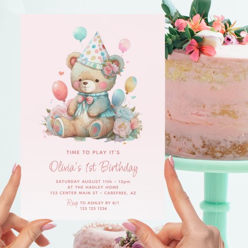 Cute Teddy Bear Balloons Pink 1st Birthday Invitation