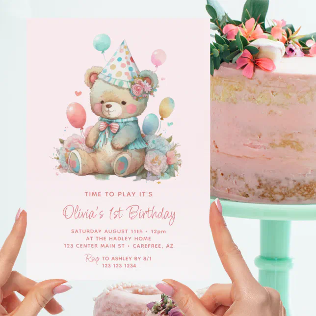 Cute Teddy Bear Balloons Pink 1st Birthday Invitation | Zazzle