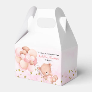 Cute Teddy Bear & Balloons Pink Girl Baptism Favor Boxes