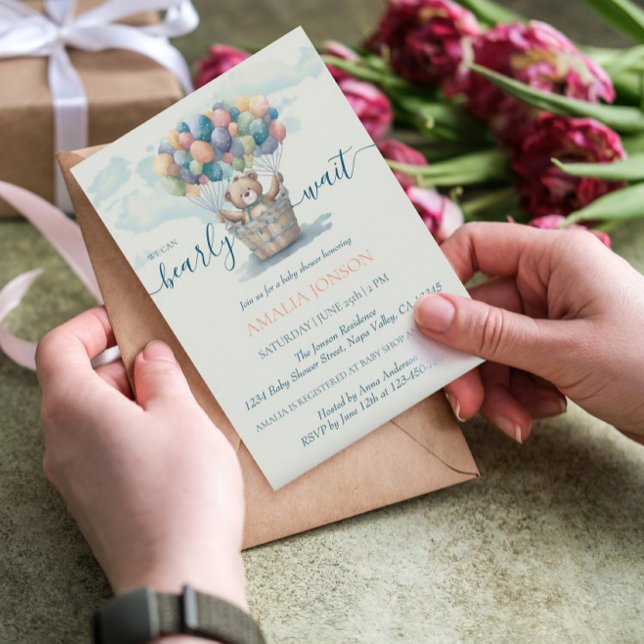 Cute Teddy Bear Balloons Watercolor Baby Shower Invitation (Creator Uploaded)