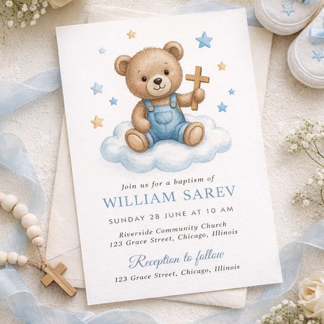 Cute Teddy Bear Baptism Design with Blue Stars  Invitation (Boy Baptism Invitation with Teddy Bear, Cross and Blue Stars)