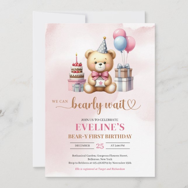 Cute teddy bear Bear-y girl first birthday invite (Front)