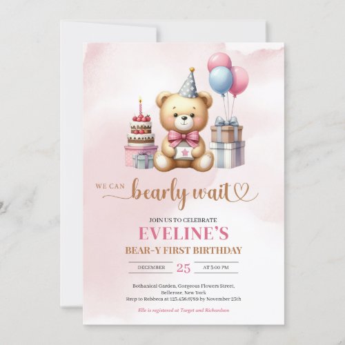 Cute teddy bear Bear_y girl first birthday invite