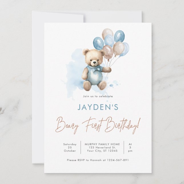 Cute Teddy Bear Beary First Birthday Blue Balloon Invitation (Front)
