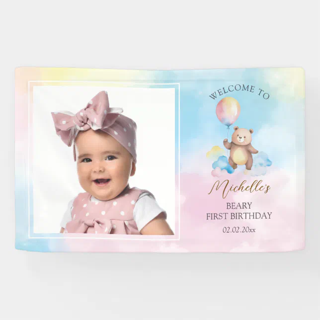 Cute Teddy Bear Beary First Birthday Photo Welcome Banner | Zazzle