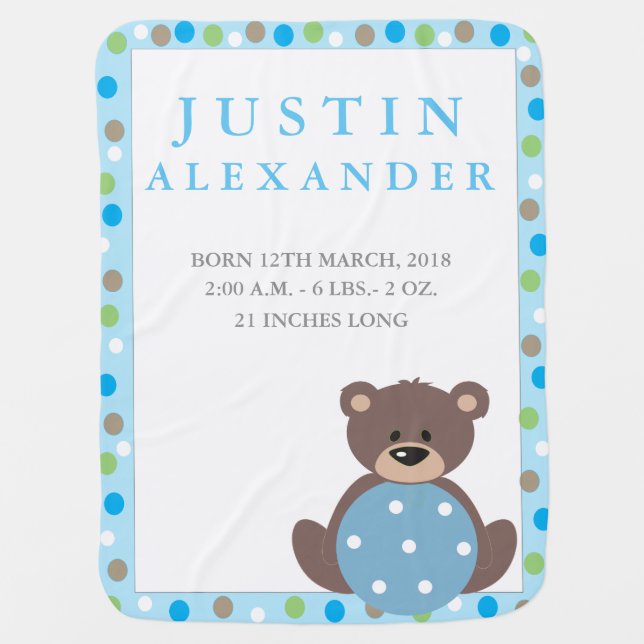 Cute Teddy Bear Birth Announcement Blanket (Front)