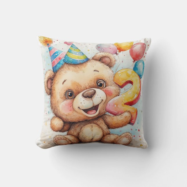 Cute Teddy Bear Birthday Celebration Throw Pillow (Front)