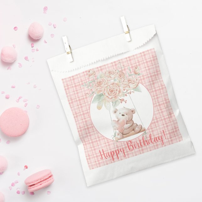 Cute Teddy Bear Birthday Favor Bag (An adorable teddy bear and pink flowers makes a perfect favor bag for a little girl's birthday)